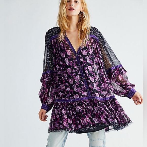 Free People Women’s Rosebud Dress Tunic Top Size XS Oversized Sheer Purple Flowy - Picture 1 of 13